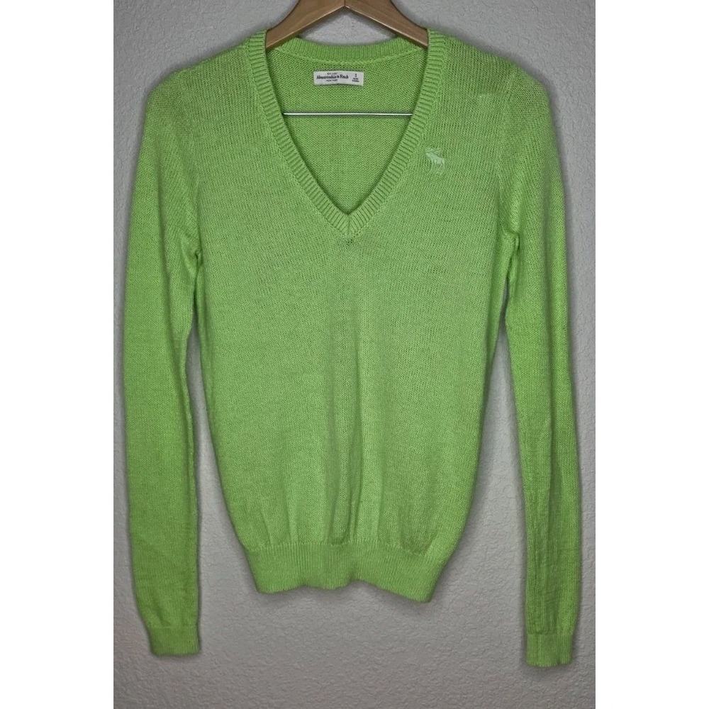 Abercrombie & Fitch Sweater Woman S Green Pullover Y2K Long Sleeve Vneck Knit